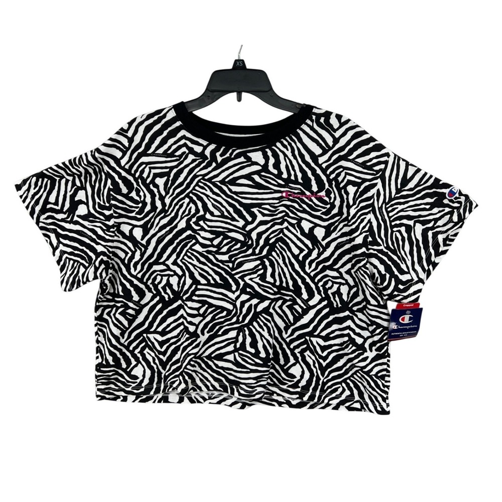 Champion Cropped Zebra Stripe T-Shirt Womens XXL Black White Boxy Y2K Retro NWT